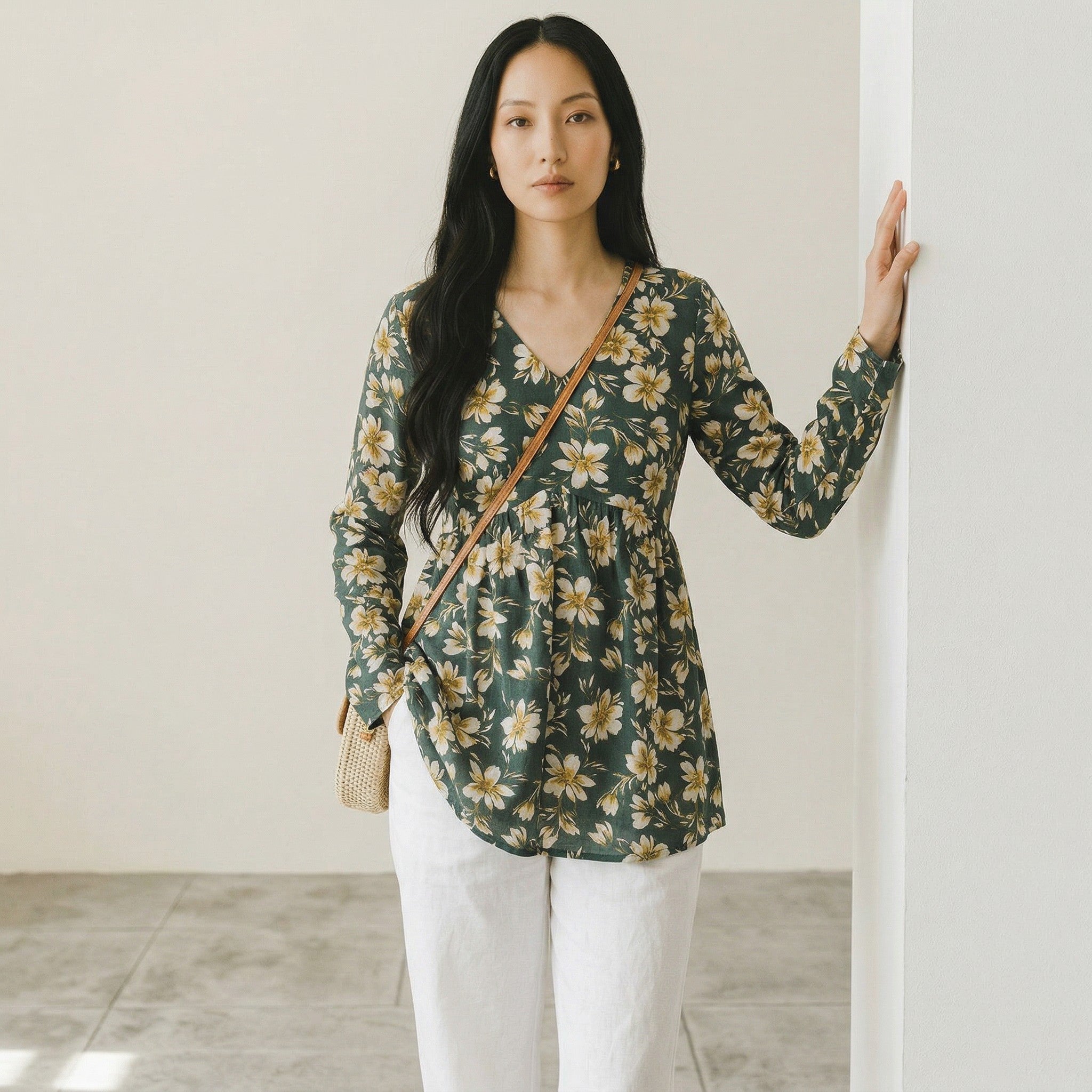 Jasmine Print V-Neck Short Kurti for Women