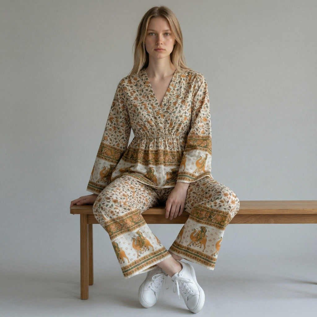 Animal Motif Off-White Co-Ord Set for Women