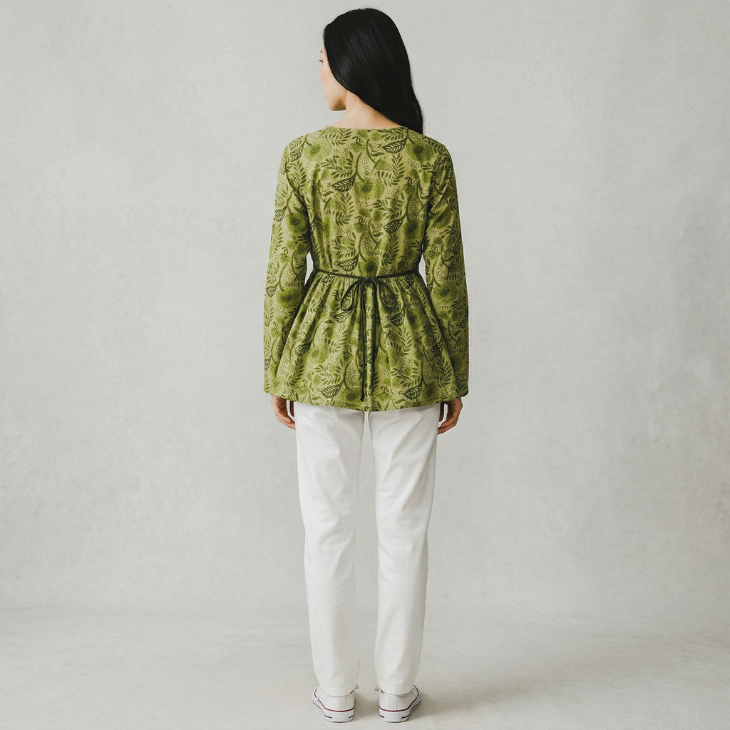 Green Creeper Design V-Neck Kurti for Women