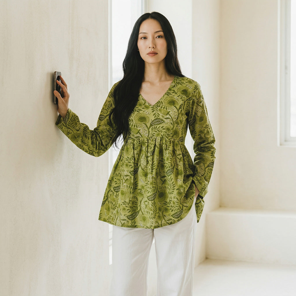 Green Creeper Design V-Neck Kurti for Women