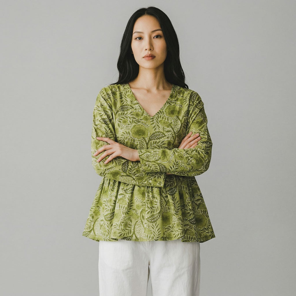Green Creeper Design V-Neck Kurti for Women